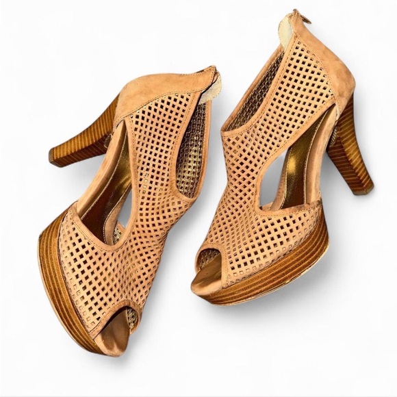 Tan Peep-Toe Heeled Sandals - Picture 1 of 7